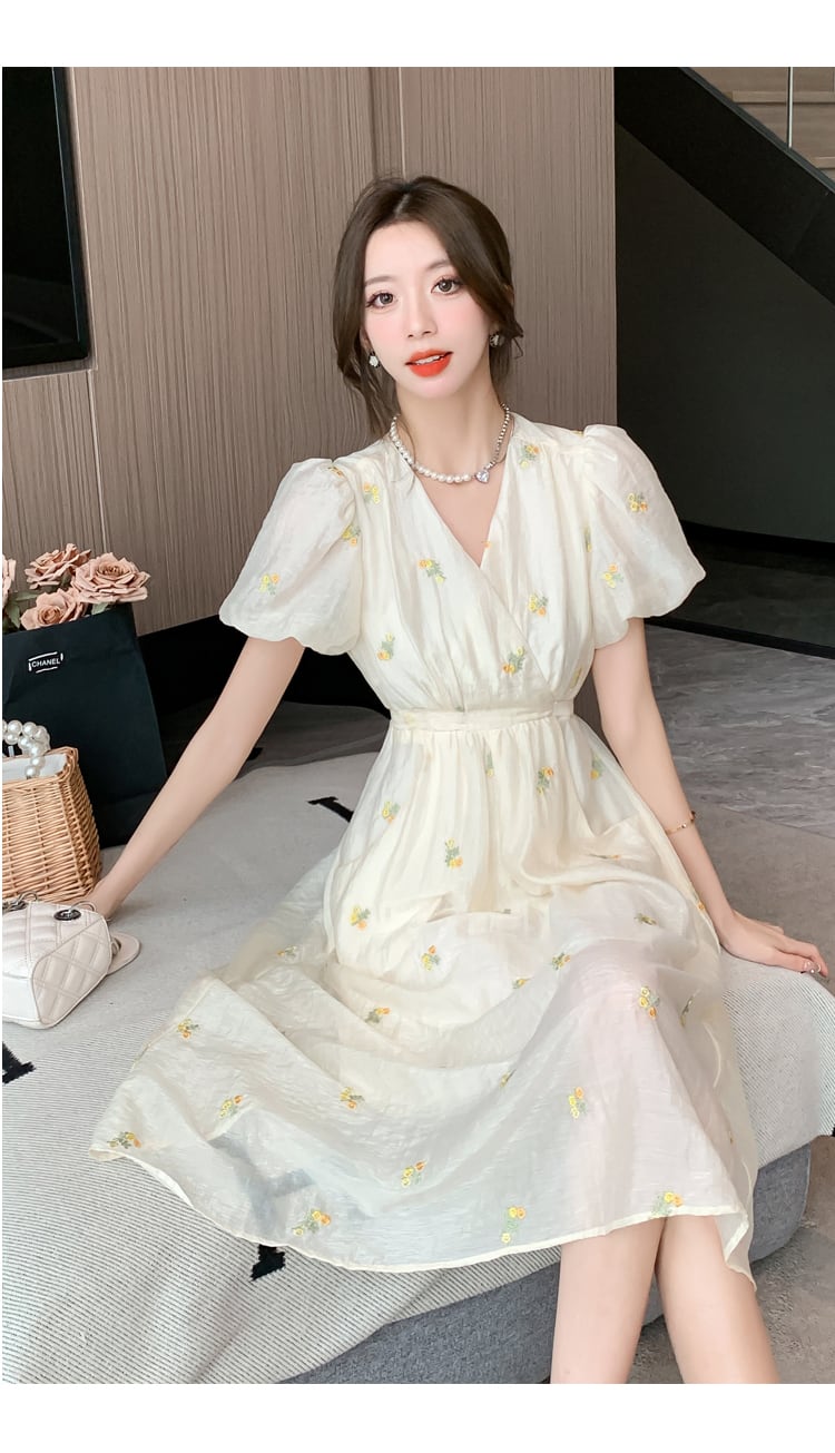 【dress】Vネック花柄パフスリーブワンピース G21582