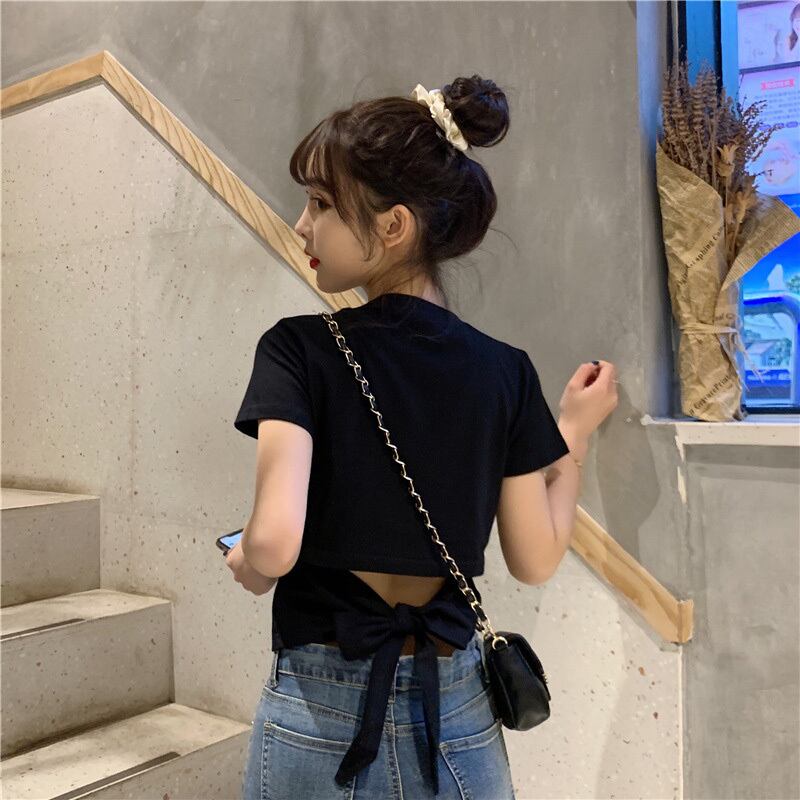 【tops】選べる5色！ラウンドネック半袖無地着回し蝶々結びTシャツ