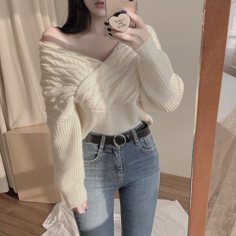 【tops】クロスVネックニットセーター　M26968