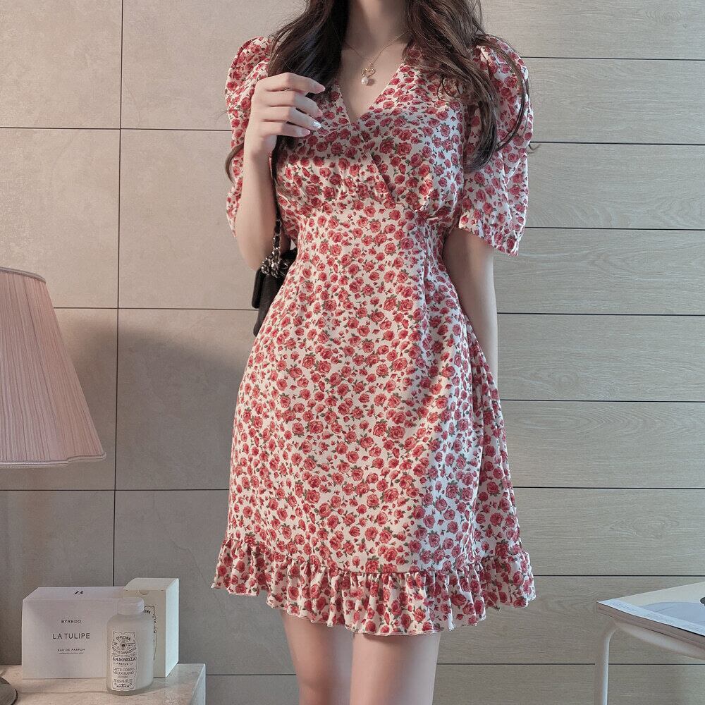 【dress】美人度アップ!気質満点スウィートVネックパフスリーブシフォン花柄ワンピース