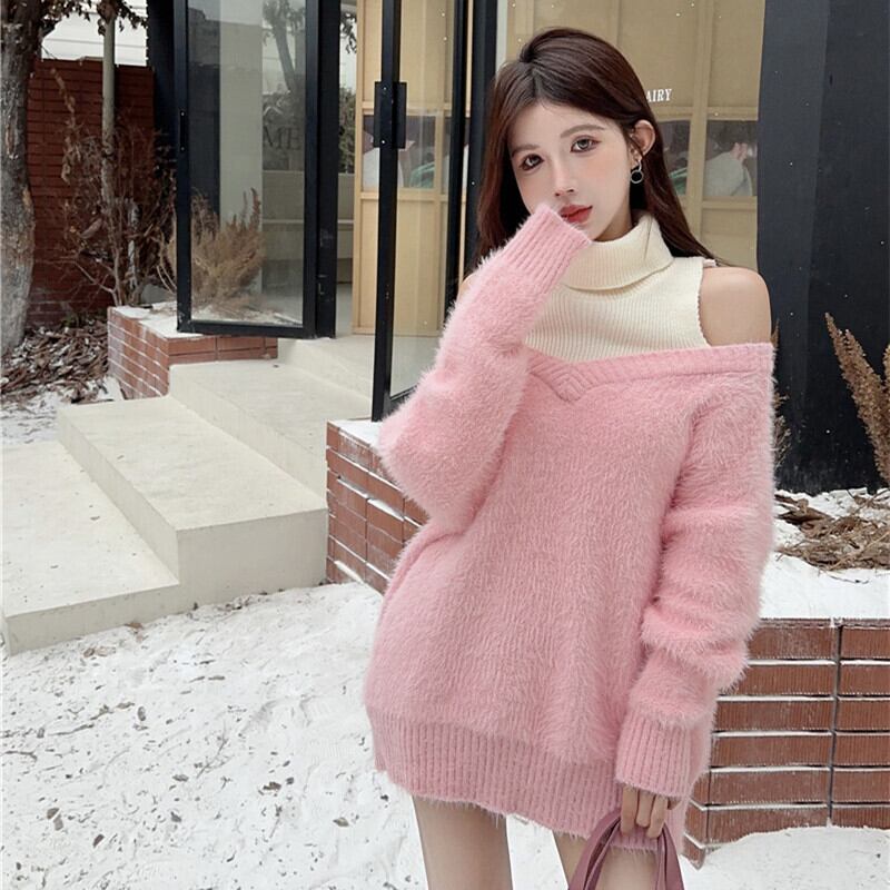 【tops】オフショルダー切り替えニットセーター　M27533