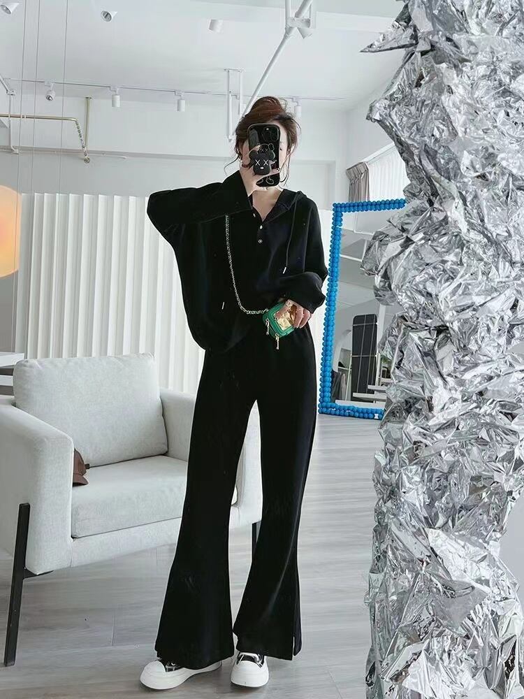 【set】好感度満載！3色ゆったり長袖パーカー+無地ガウチョパンツ通勤日常セットアップF4785