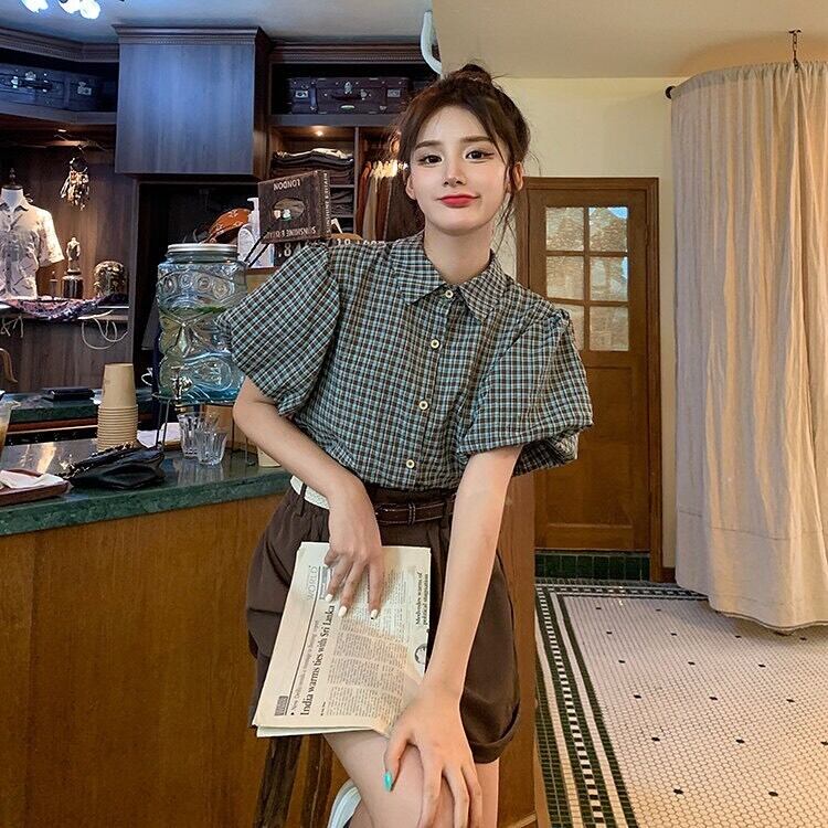 【set】チェック柄ブラウス+ショートパンツ２点セットG21352