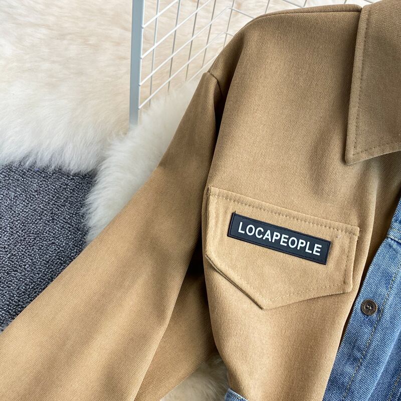 【tops】話題沸騰中春新作4色POLOネック長袖人気デニム切り替え配色着回しブラウスF4620