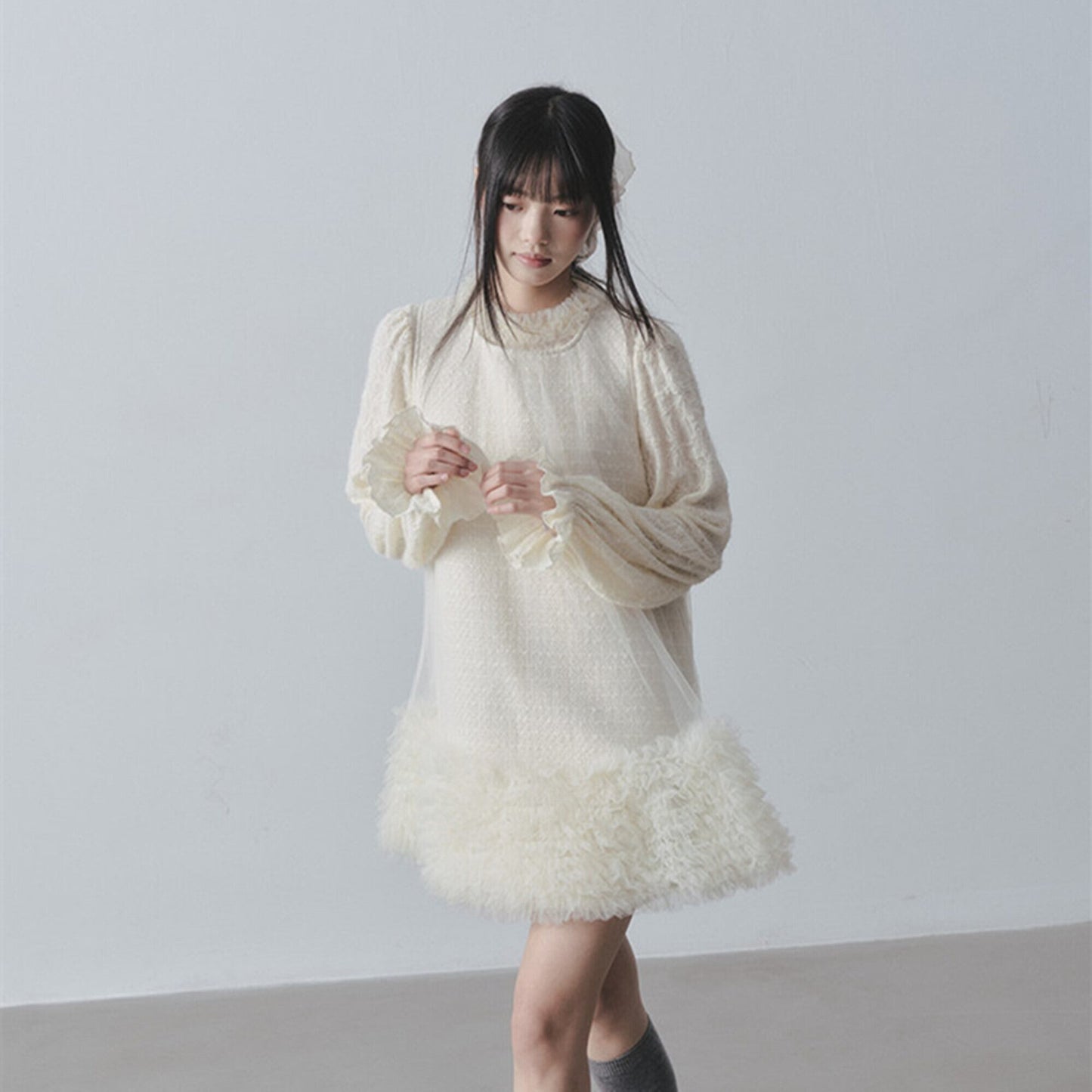 【dress】チュールフリルツイードノースリーブミニワンピース　N3523
