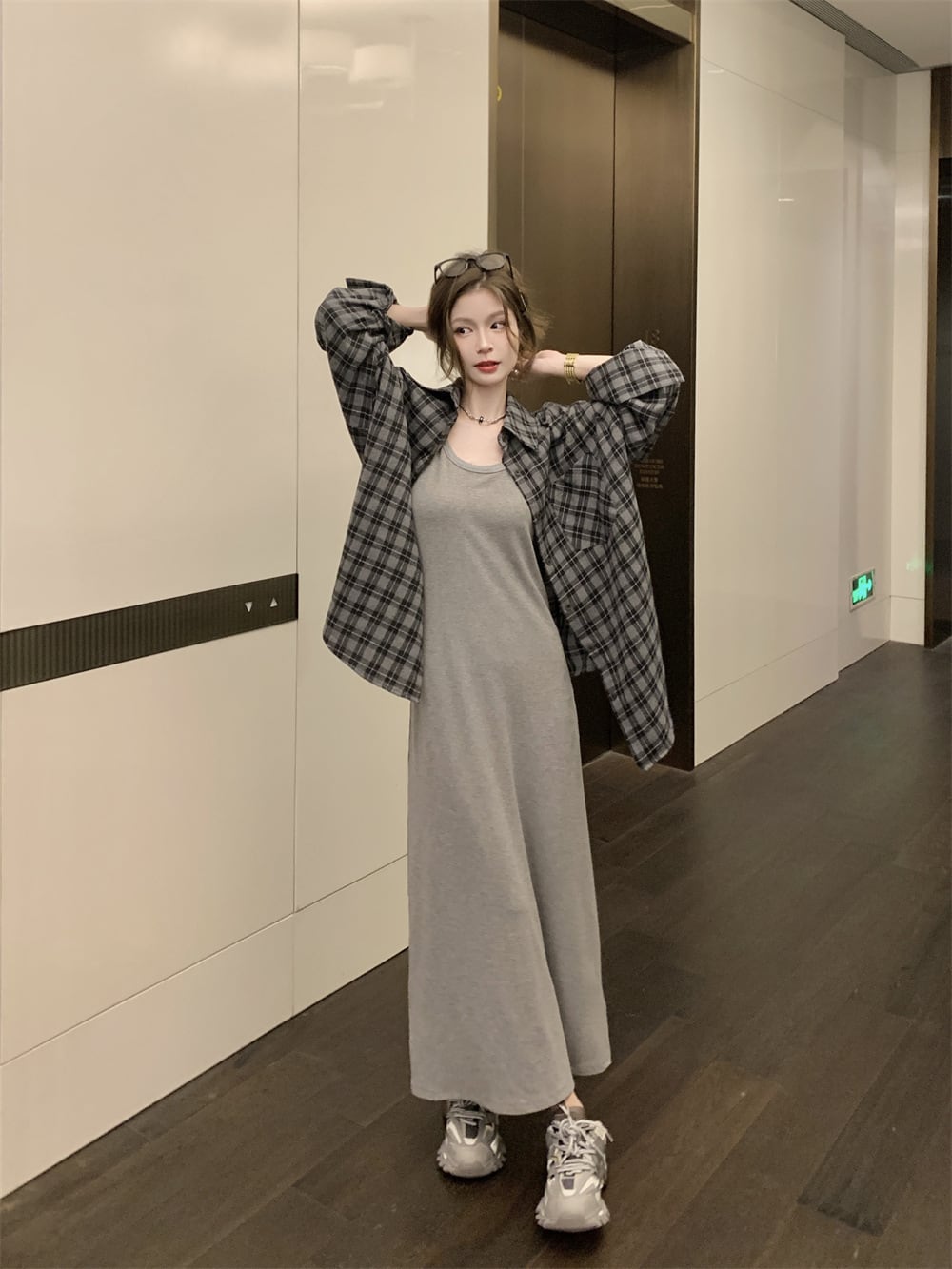 【set】チェック柄シャツ×キャミワンピースセット　M25124
