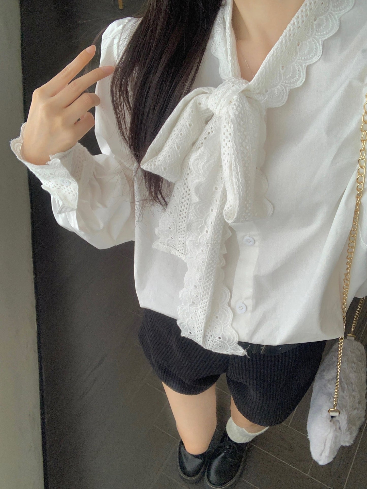 【tops】レース切り替えシャツブラウス　M29816
