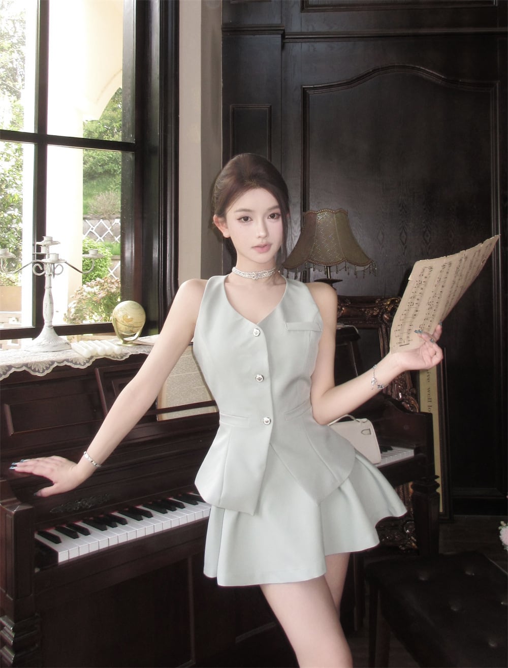 【set】Vネックリボンスーツチョッキ+スカート２点セットG21405