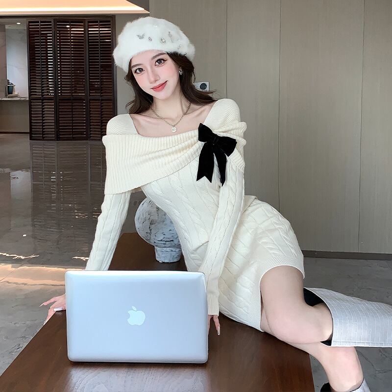 【dress】リボン付きニットワンピース　M28330