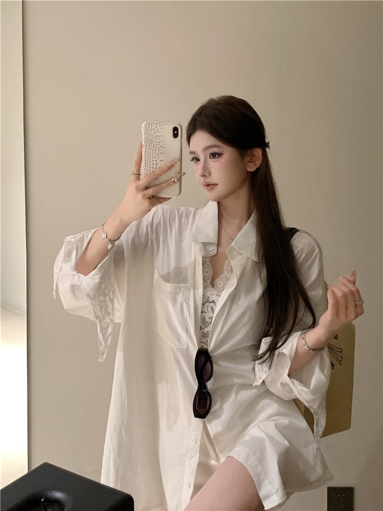 【set】UVカットシャツ×レースノースリーブトップスセット　N2685