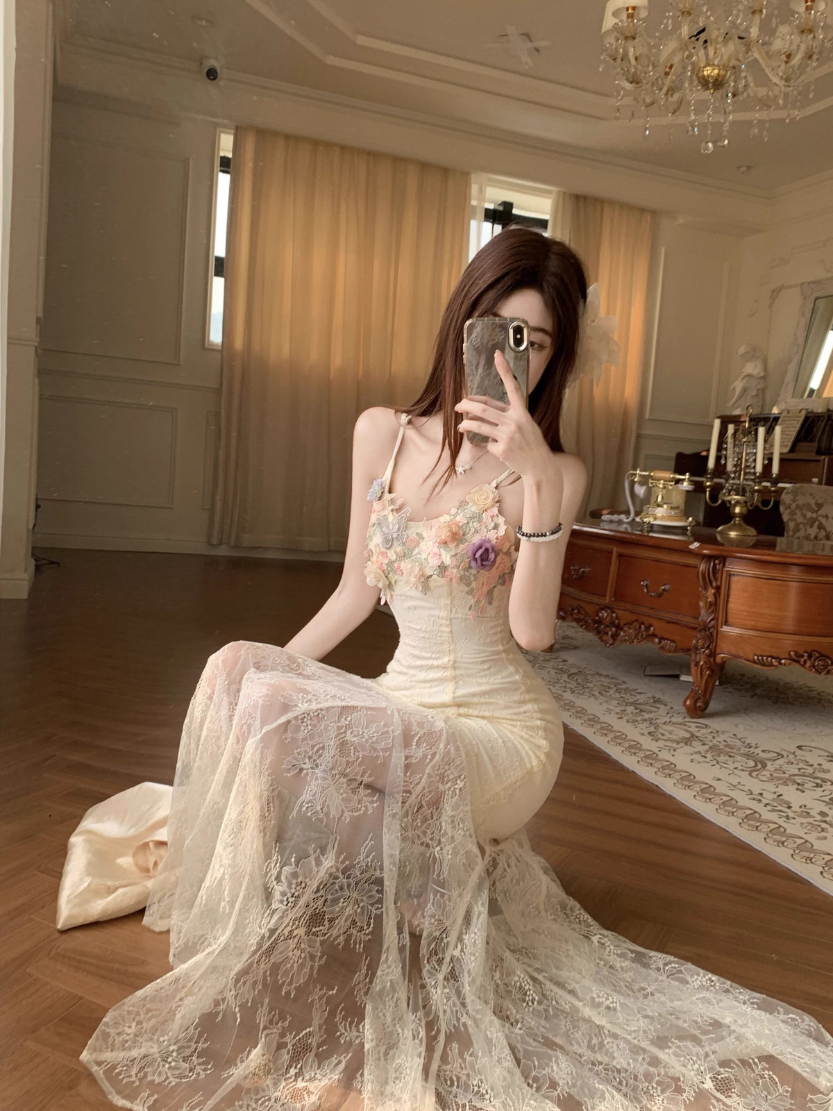 【dress】フラワー付きチュールドッキングロングキャミワンピース Q8259