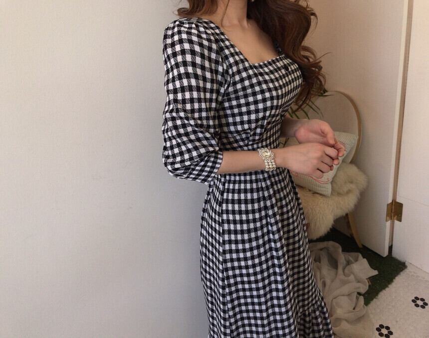 【dress】優しい雰囲気気質満点レトロスクエアネック着痩せ5分袖チェック柄ワンピース G1641