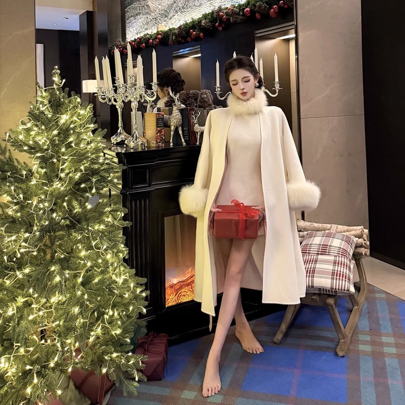 【dress】ファー付きホルターネックワンピース Q7636