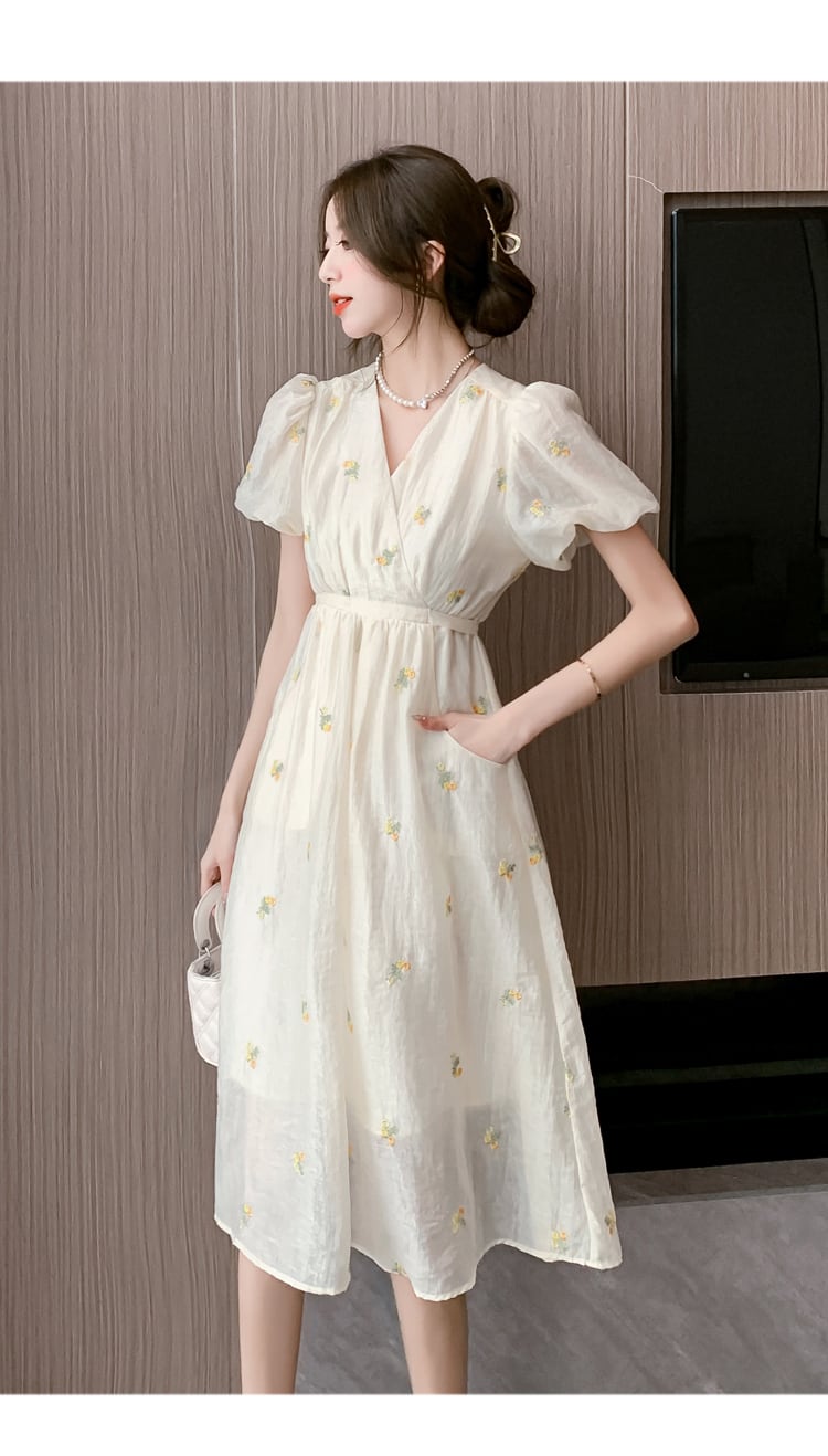 【dress】Vネック花柄パフスリーブワンピース G21582