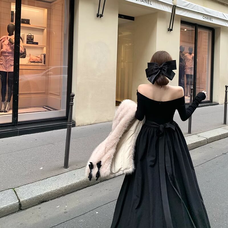 【dress】レースドッキングオフショルダーロングワンピース Q7644