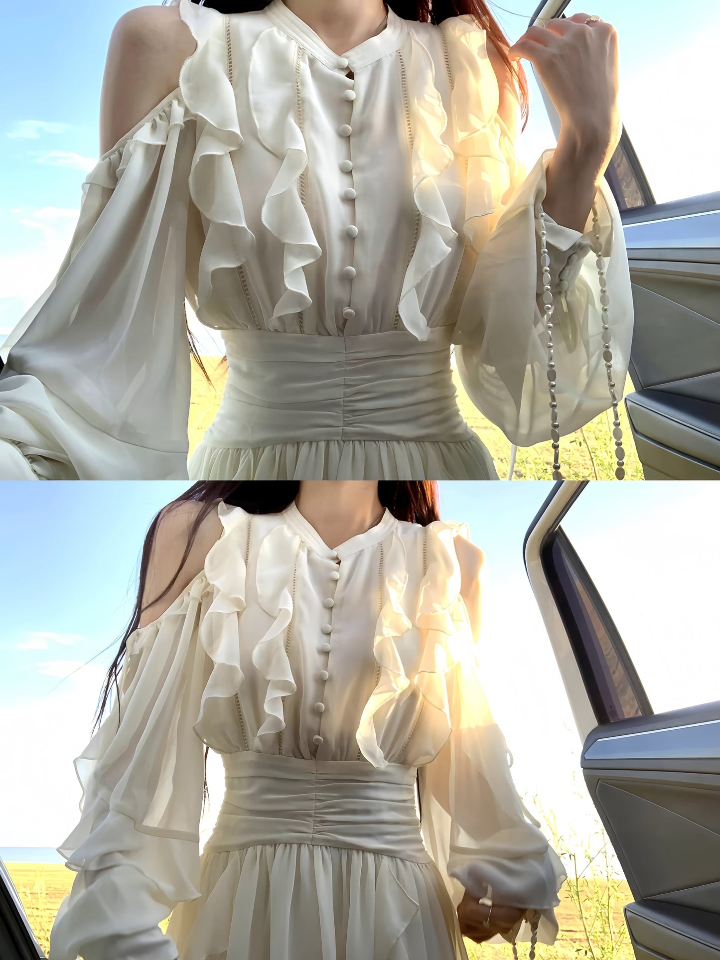 【dress】オフショルフリルロングワンピース　N3284