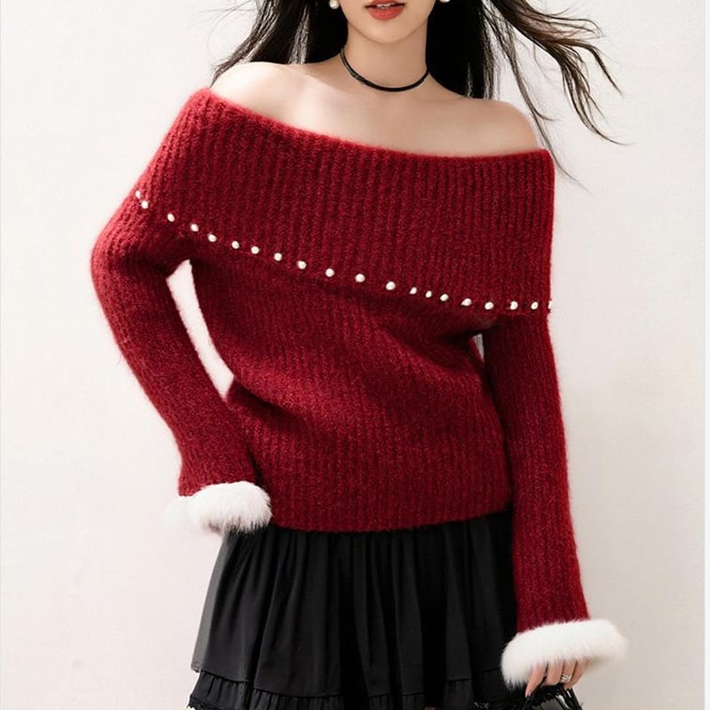 【tops】パール付きオフショルダーニットトップス Q7669
