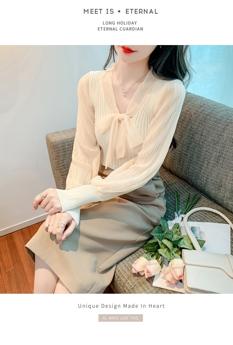 【tops】Vネック切り替えニットブラウスG16806