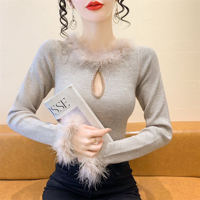 【tops】フェイクファーニットトップス　N2918