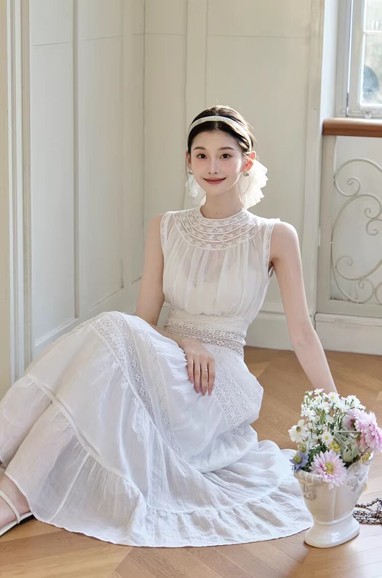 【dress】レースドッキングロングワンピース Q8386