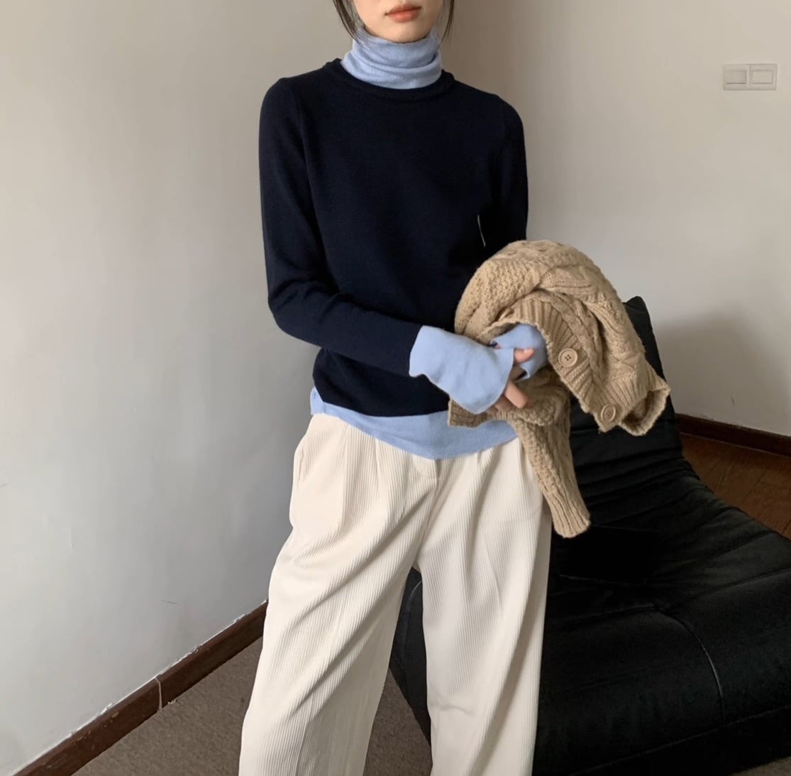 【tops】ハイネック配色ニットトップス　M28613