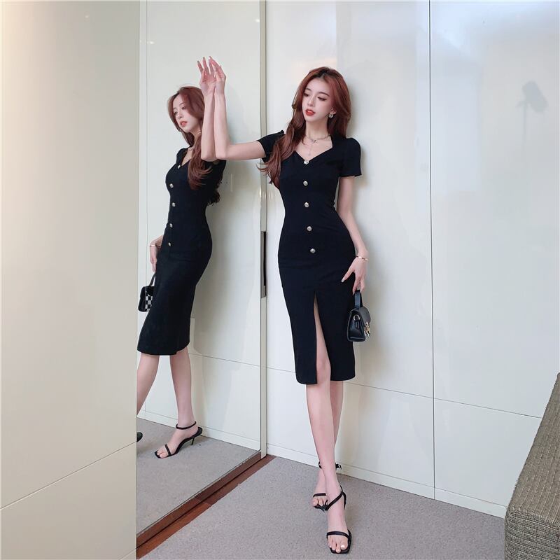 【dress】ファッション気質満点セクシーVネック体型カバー着痩せスリットワンピース G14056