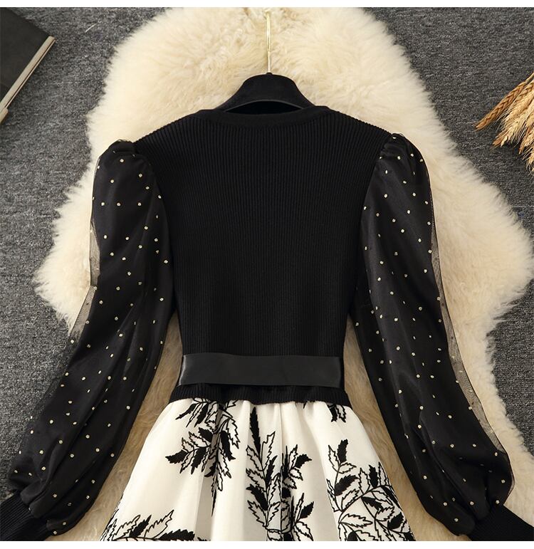 【dress】上品な質感!気質満点レトロシンプルフランス風秋冬偽二つ切り替えワンピース G3178