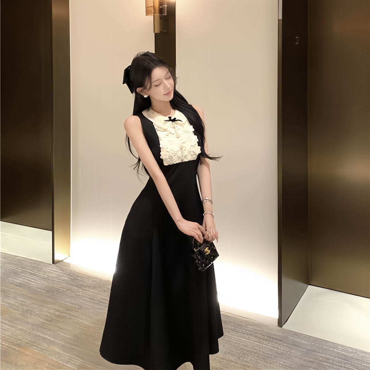 【dress】ノースリーブレースドッキングワンピース　M31116