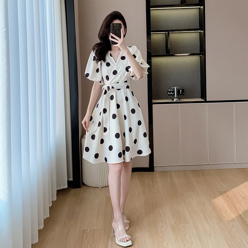 【dress】Vネックパフスリーブドット柄ワンピース G21499