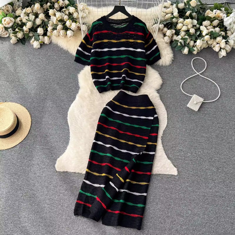 【set】ボーダー柄Ｔシャツ+スカート2点セットF7522