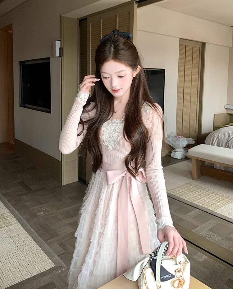 【dress】レース付きニットドッキングチュールワンピース Q7646