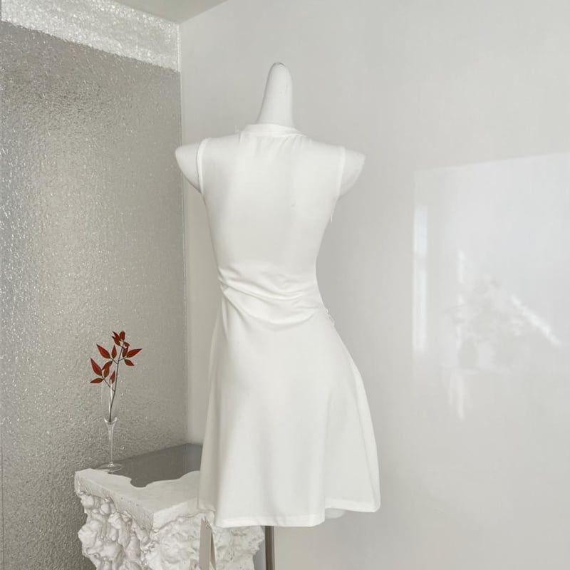 【dress】ノースリーブレースドッキングフレアニットワンピース Q7795