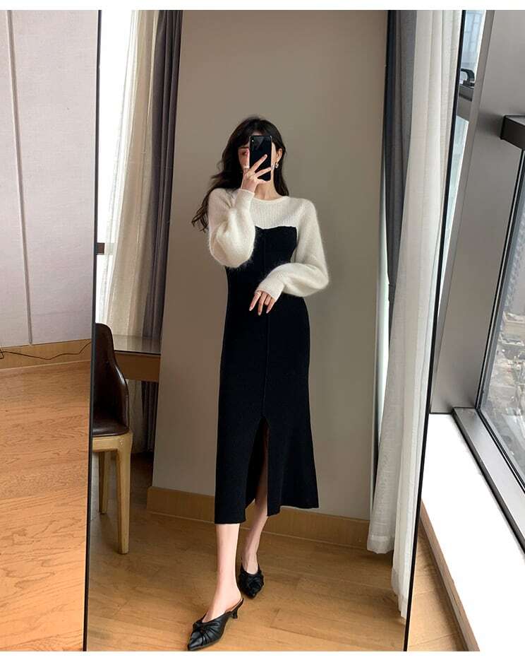 【dress】好感度UP!気質満点カラーマッチングレトロスリット着痩せニットワンピース G3908