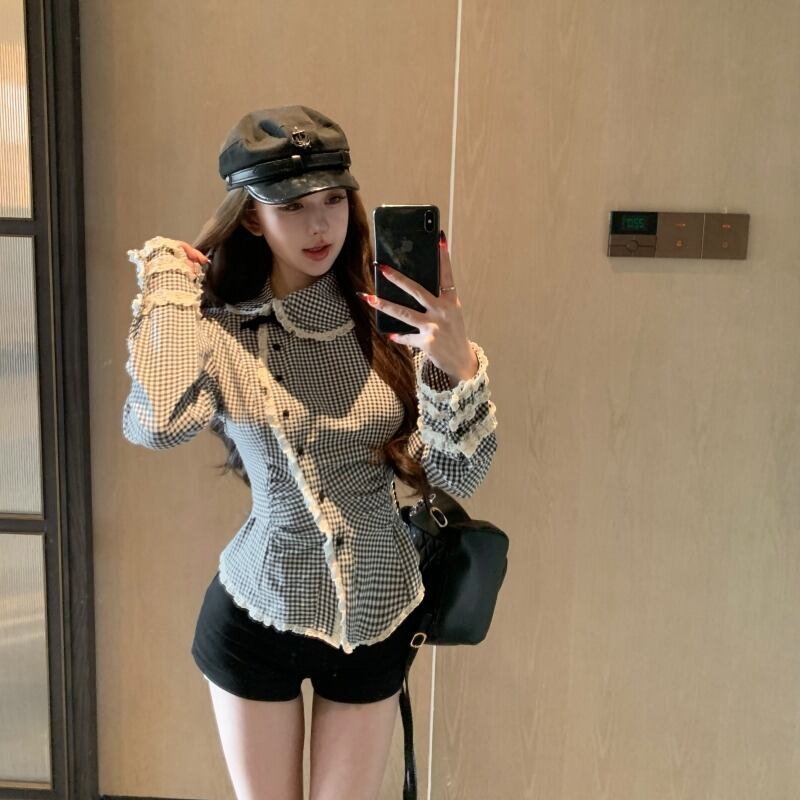 【tops】裹起毛チェック柄シャツトップス　M28587