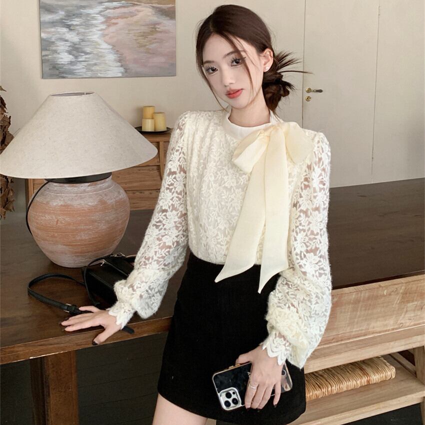 【tops】リボン付き裹起毛レーストップス　M28380