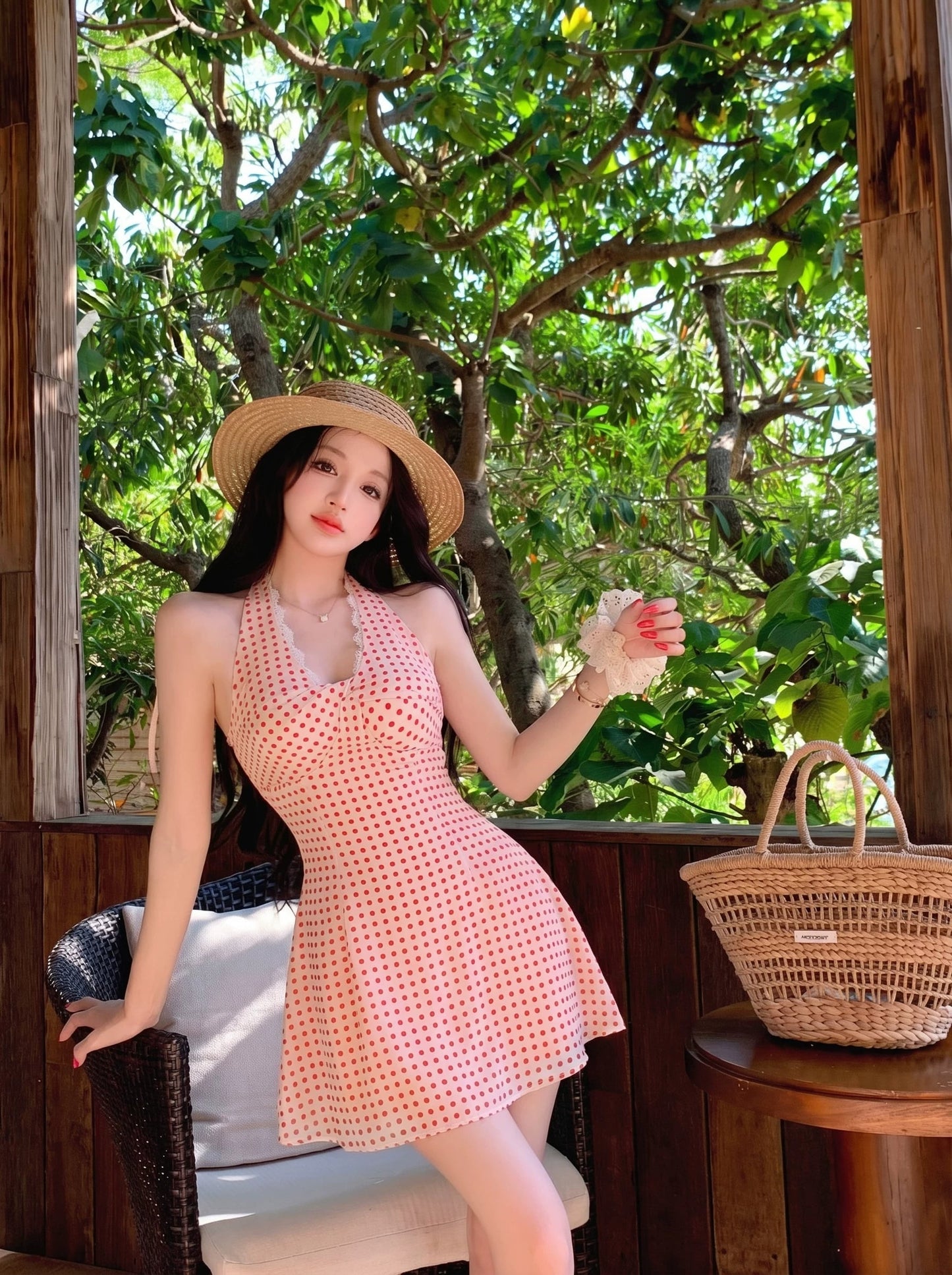 【dress】ドット柄ホルターネックミニワンピース Q8497