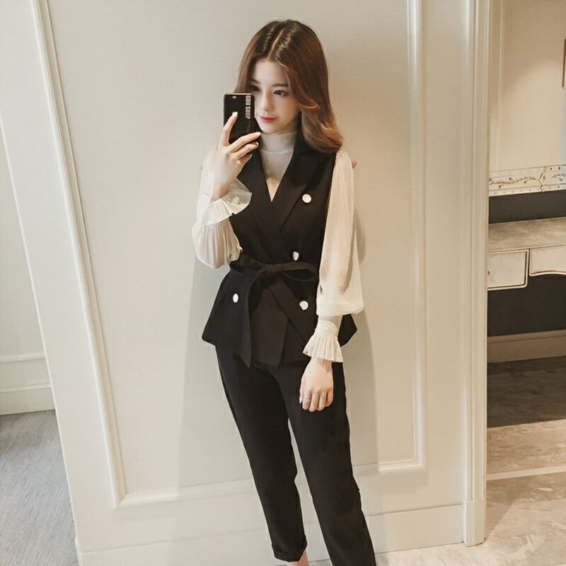 【set】美人度アップ!韓国系スウィート洋気ベスト+シャツ+パンツセットアップ G2087