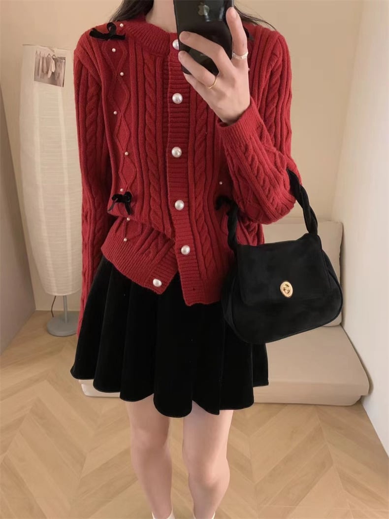【outer】リボン付きパールニットカーデ　M25848