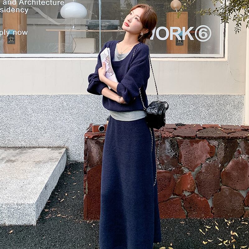【set】キャミ×ニットトップス×ロングスカート3点セット Q6974