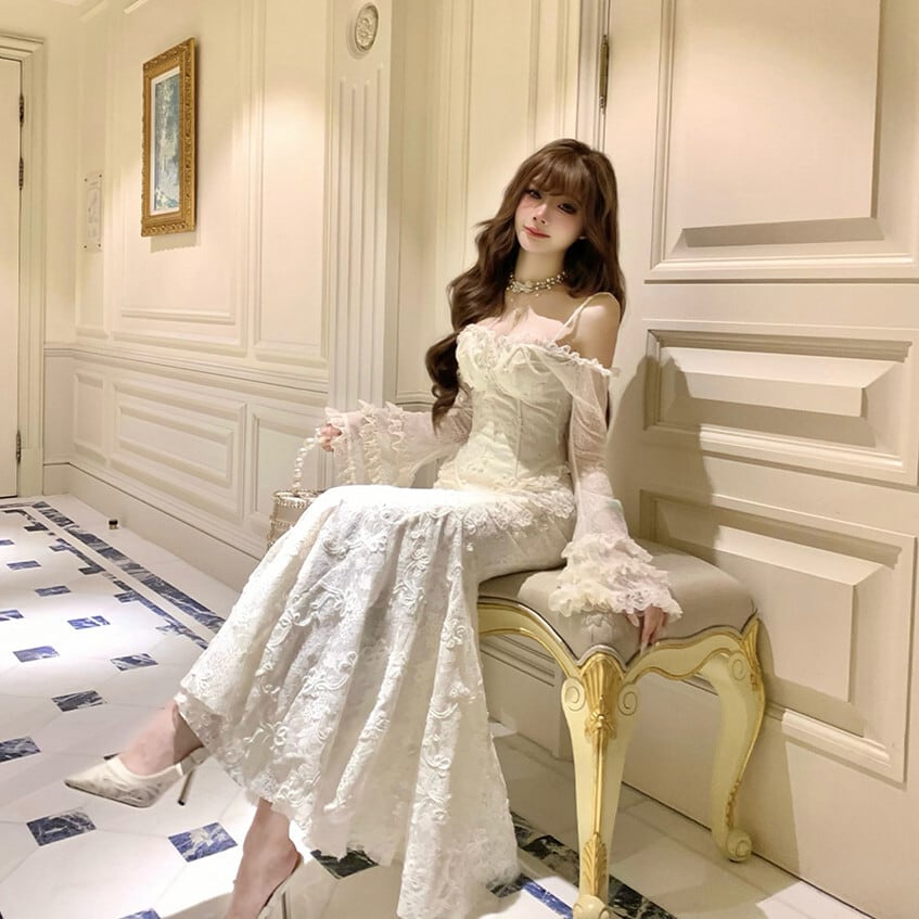 【set】ベルスリーブレーストップス×マーメイドスカートセット N3414