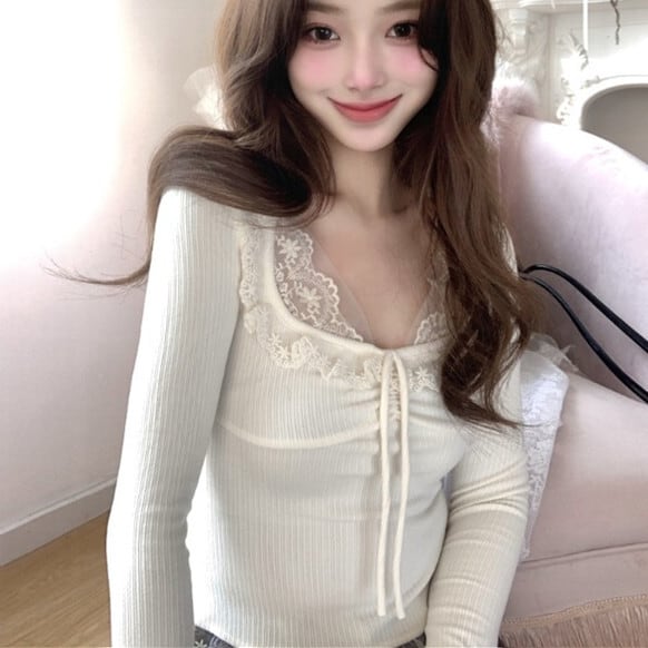 【tops】レース切り替え長袖Tシャツ　M28742