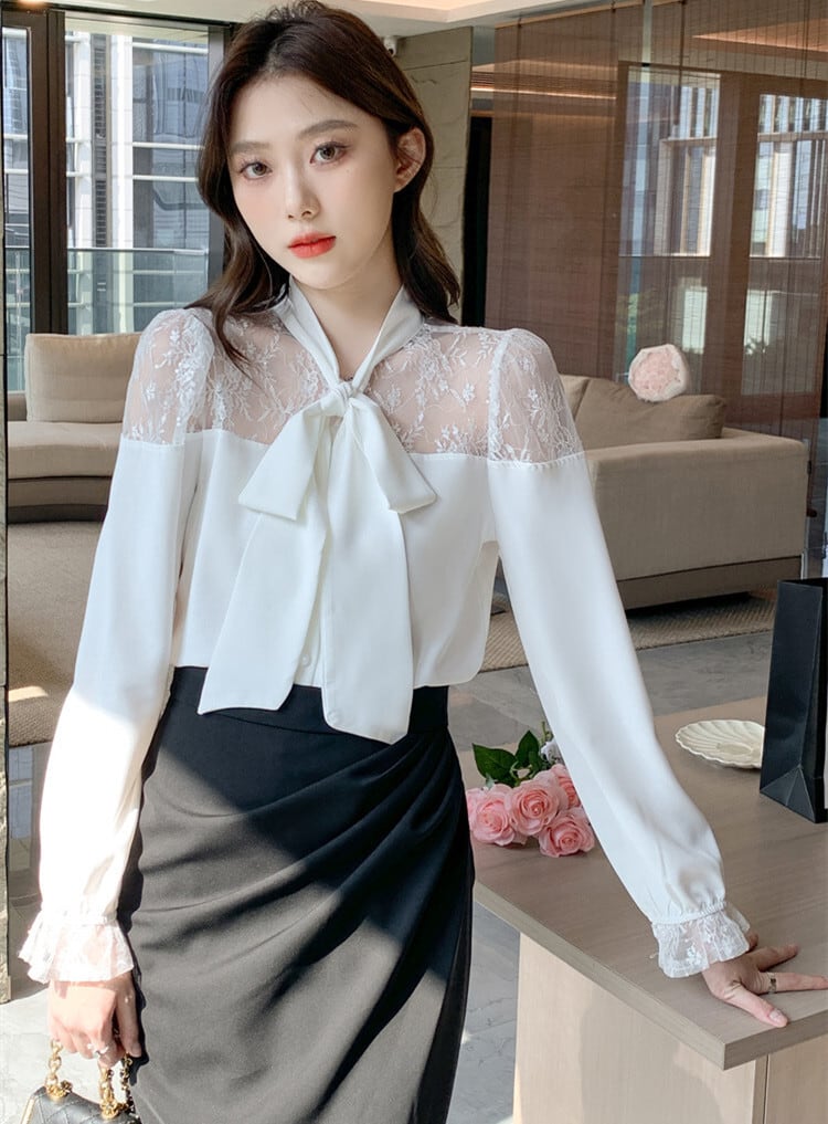 【tops】レース切り替えシャツトップス　M25165