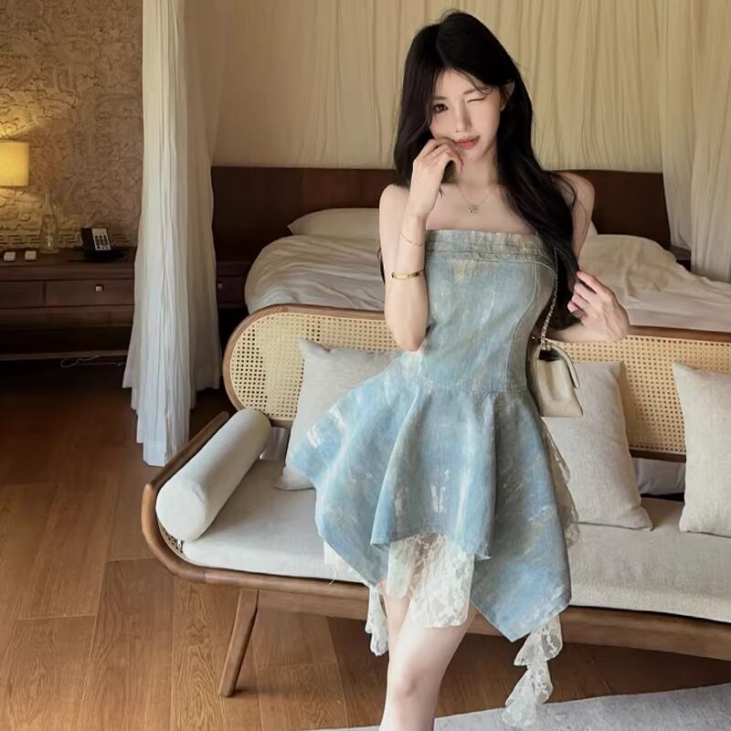 【dress】レースドッキングデニムキャミワンピース Q8340
