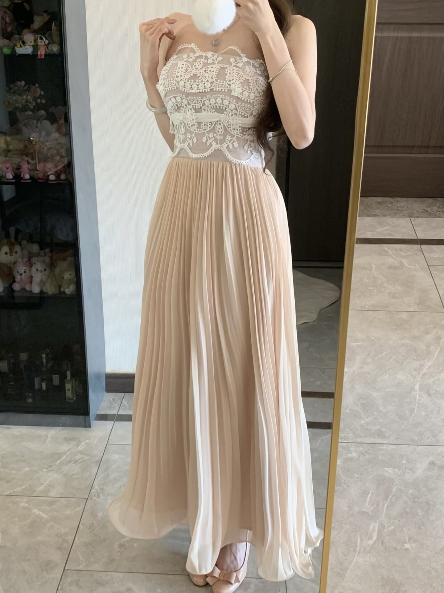 【dress】レースドッキングプリーツロングワンピース N3526