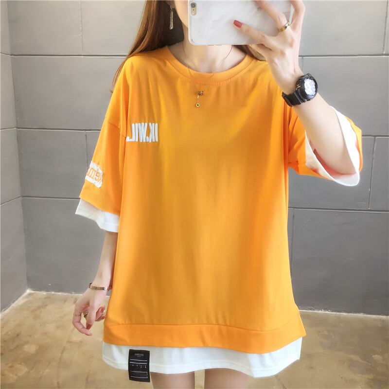 【tops】ラウンドネック半袖カジュアル偽二つ切り替え配色着まわしTシャツ