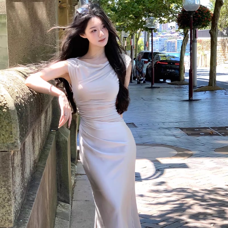 【dress】ノースリーブチュールドッキングロングワンピース Q7988