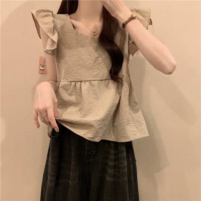 【tops】5色フレンチスリーブフリルブラウスF7483