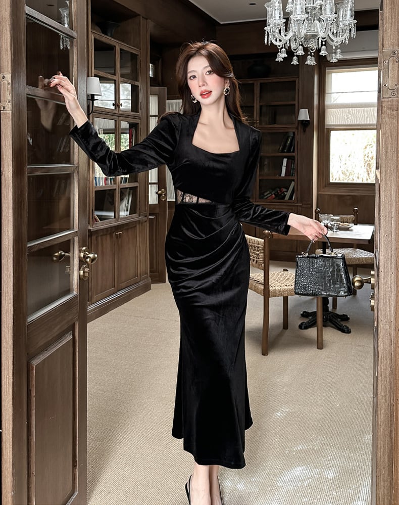 【dress】スクエアネックレースドッキングロングワンピース Q7286