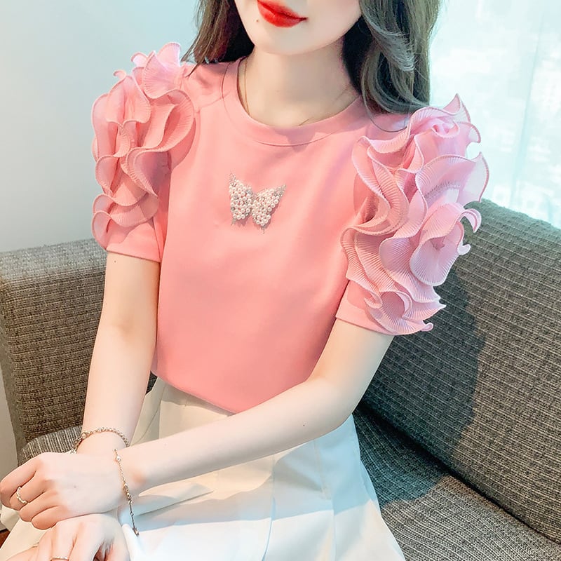 【tops】フリルパフスリーブTシャツG21540