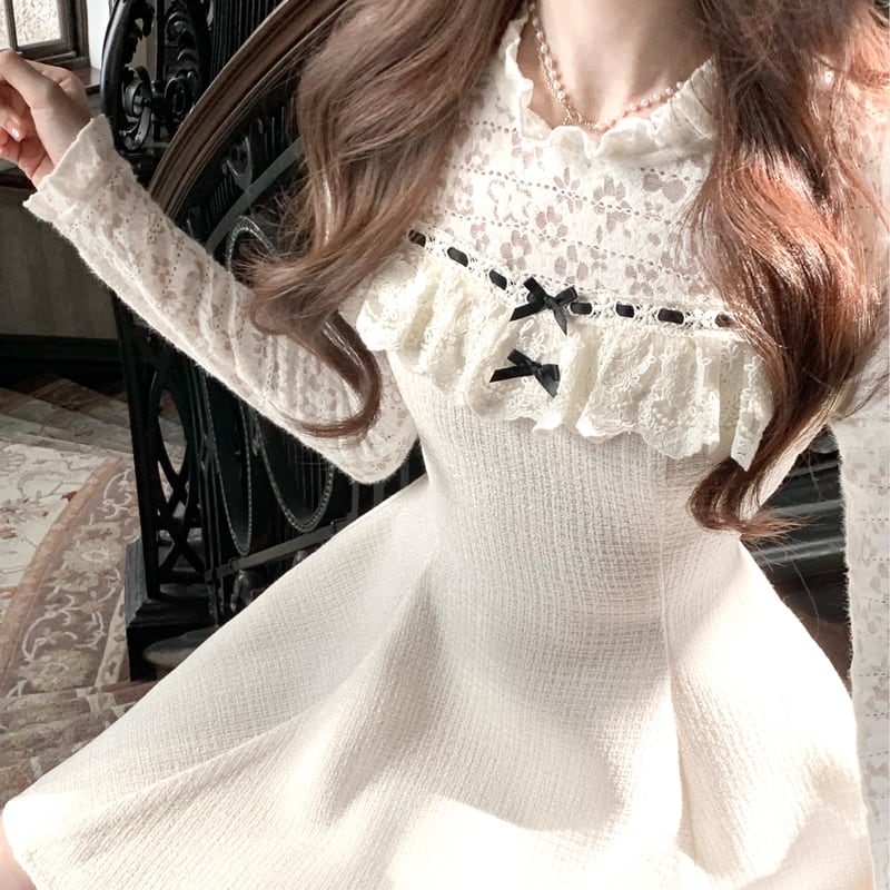 【dress】レースドッキングフレアワンピース Q7645